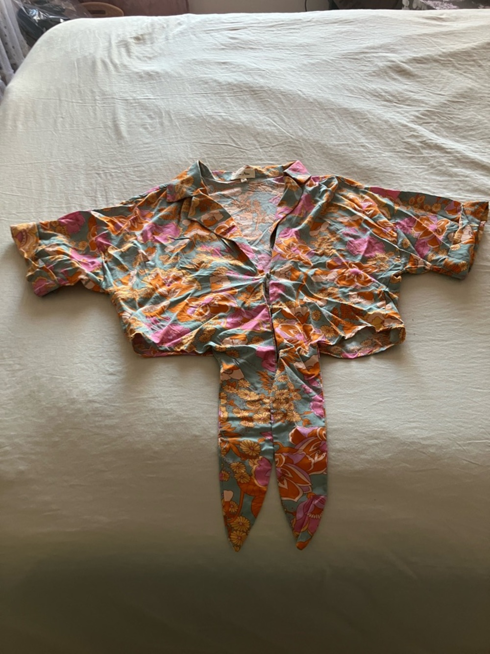 Love Notes Crop Tie-Front Blouse in Pink, Orange & Teal Floral